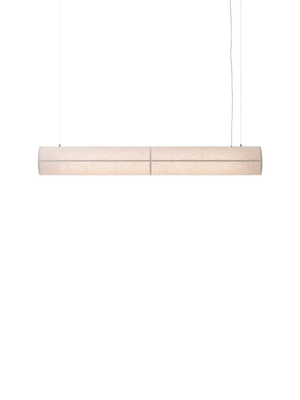 Front view of the Hashira Linear Pendant Lamp, Raw. Lit, horizontal lamp with a linen shade on a black background.