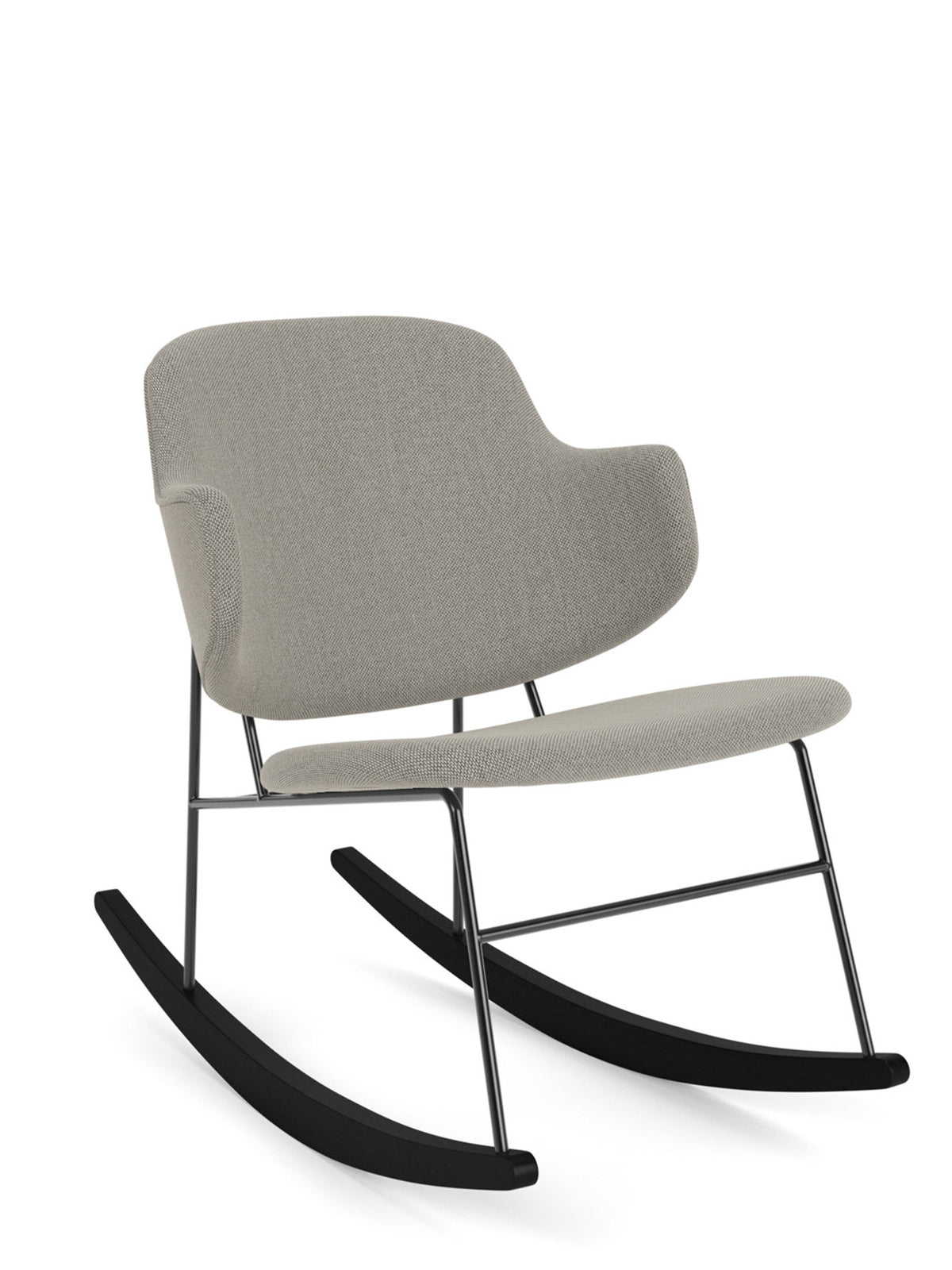 Beige upholstered rocking chair with curved seat and back, slim black metal