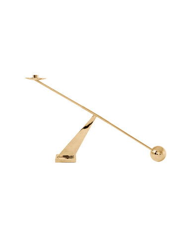 Polished brass balancing candle holder with angled arm and spherical counterweig