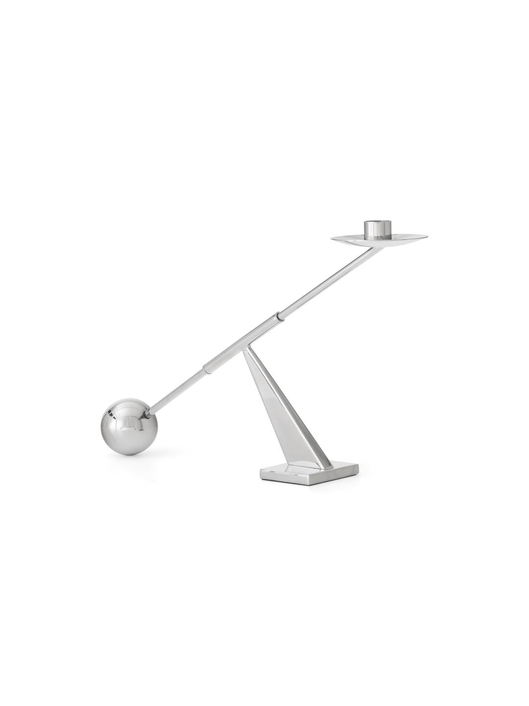 Polished chrome balancing candle holder with triangular base, long angled rod an