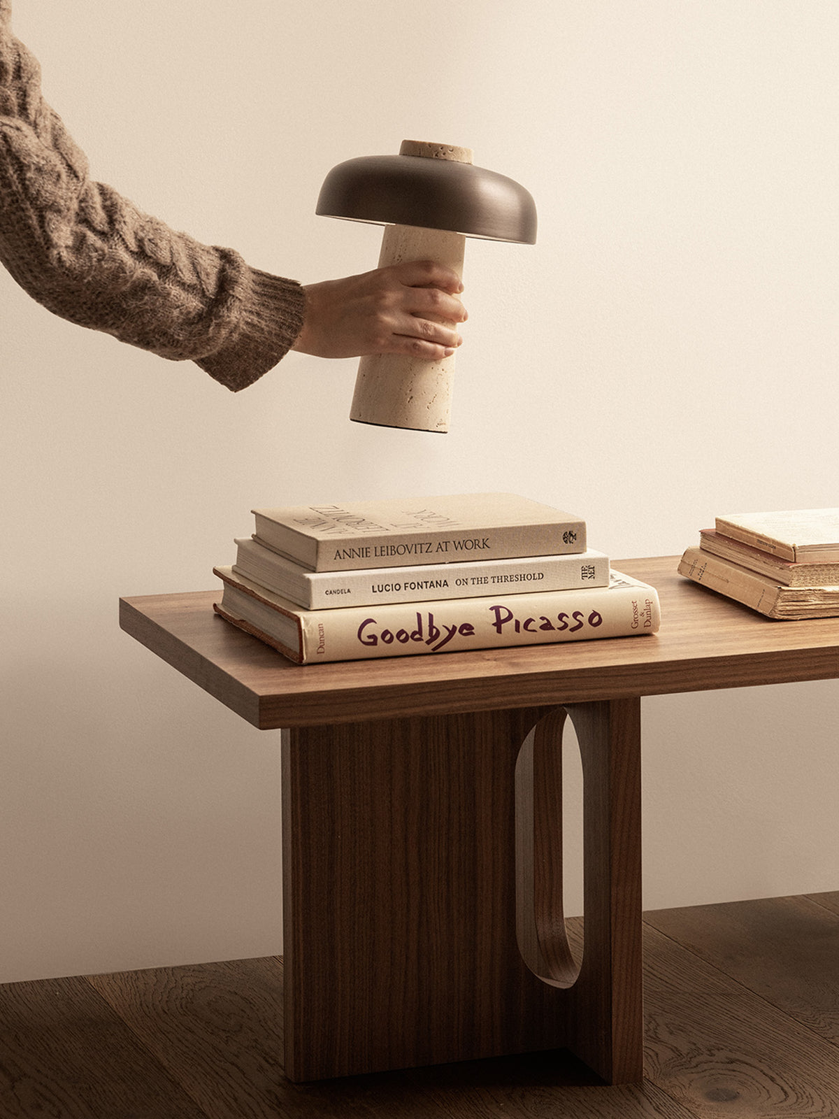 Hand holding a mushroom-shaped table lamp with a matte dark brown metal