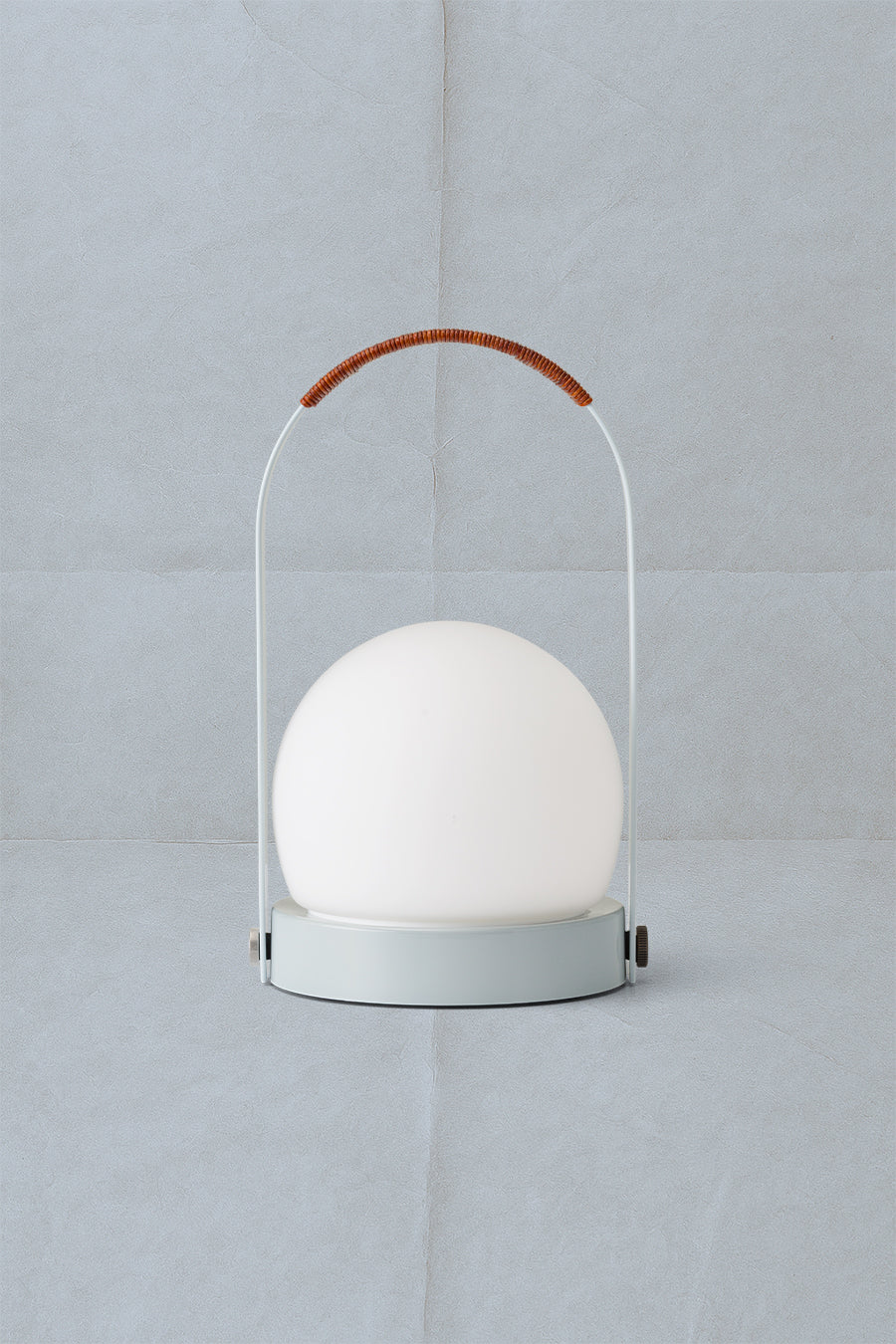 Portable dome table lamp with matte white glass globe, pale grey metal
