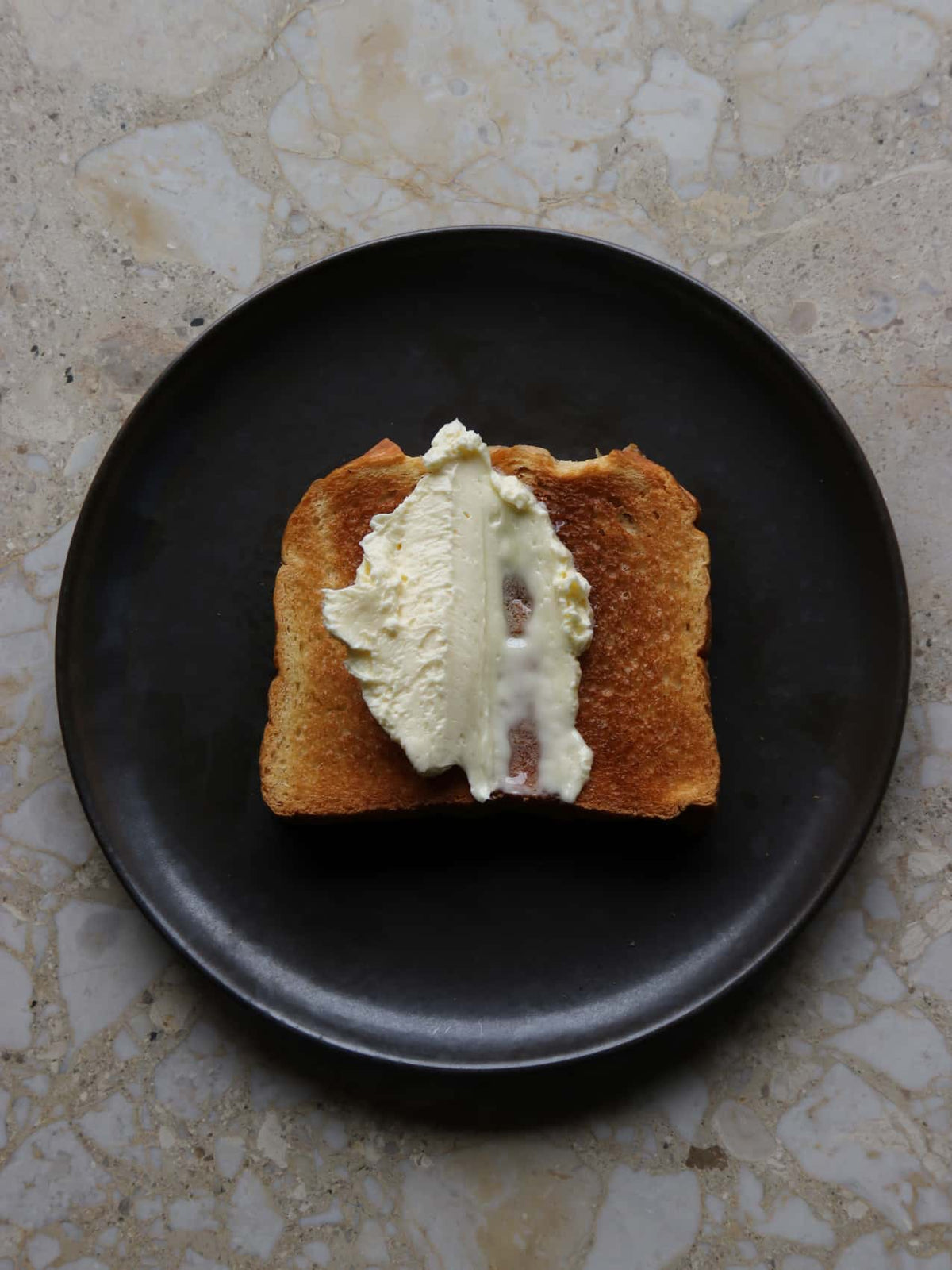 Golden-brown toasted slice with a thick smear of creamy butter on a