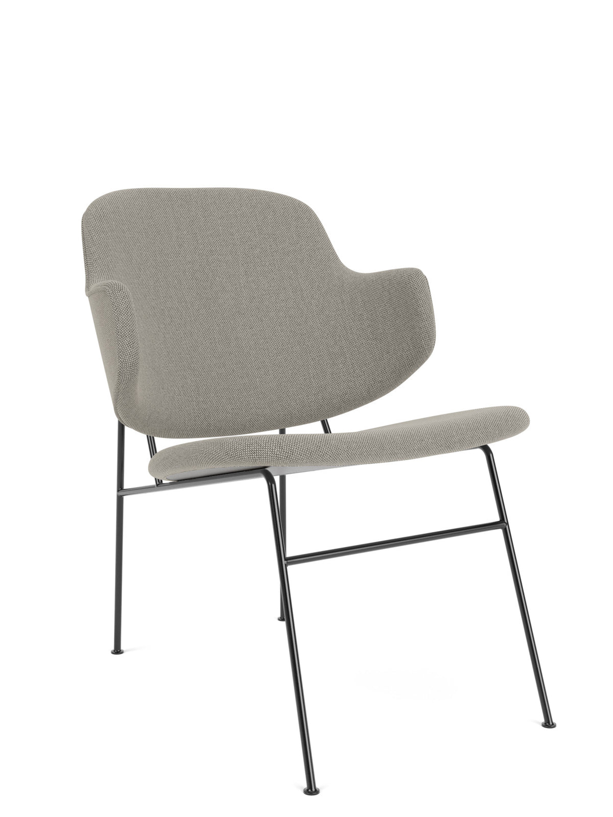 Light grey upholstered lounge chair with curved back and armrests on slim