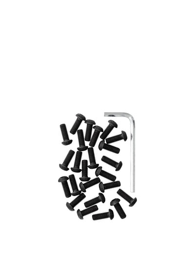 A collection of small, black assembly screws with rounded heads, scattered next to a silver-coloured L-shaped Allen key.