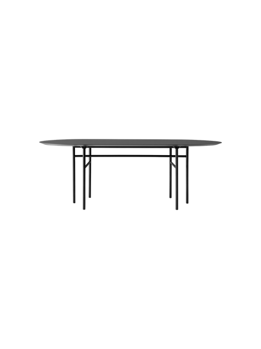 A front-facing view of the Snaregade Oval Table, featuring a charcoal-coloured top and a slender black metal frame and legs.
