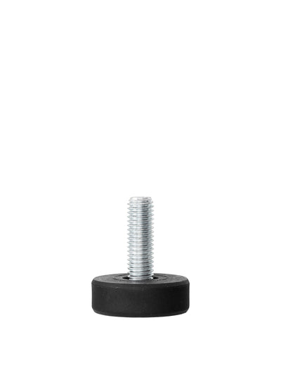 Close-up of a metal furniture glider with a threaded screw and a circular black base against a white background.