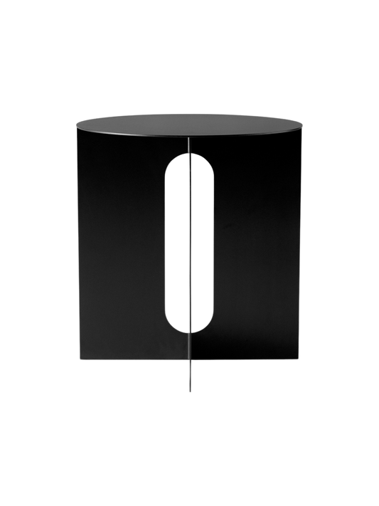 The Androgyne Side Table's black steel base. It features two intersecting flat panels with large oblong cutouts.