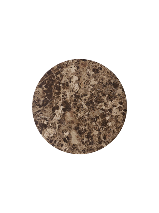 Overhead view of the circular Androgyne Side Tabletop in Emperador marble, showing its brown tones and intricate veining.