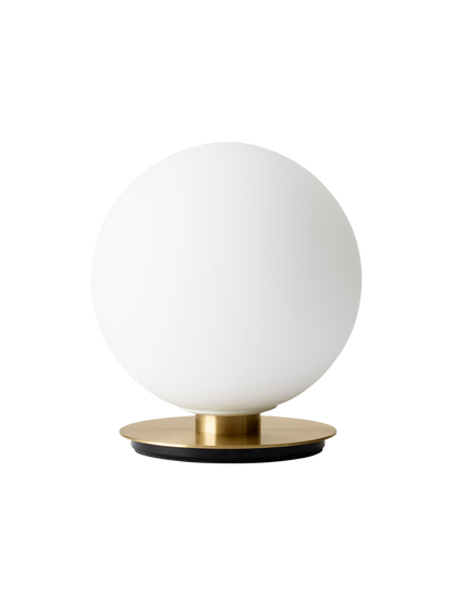 Front view of the TR Bulb Ceiling/Wall Lamp, showing a spherical white opal glass bulb sitting on a circular flat brass base.