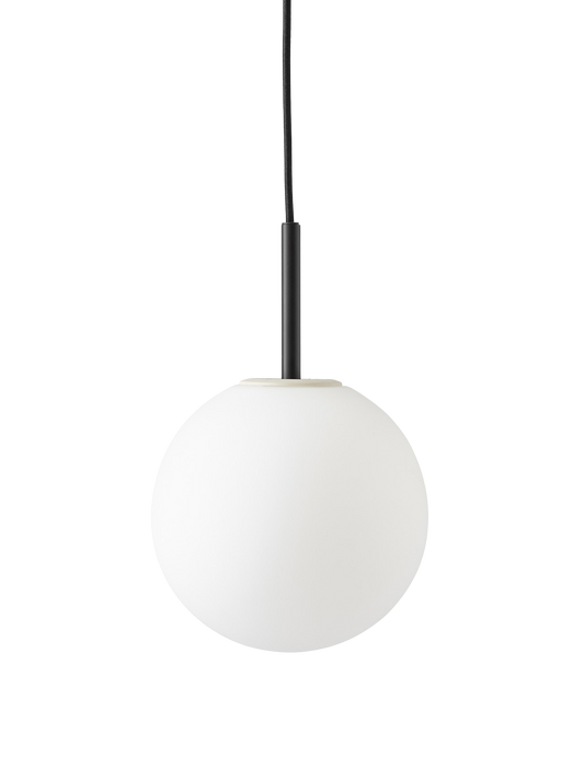 TR Bulb Pendant light with a black fixture and cord, with a spherical white opal glass shade, against a white background.