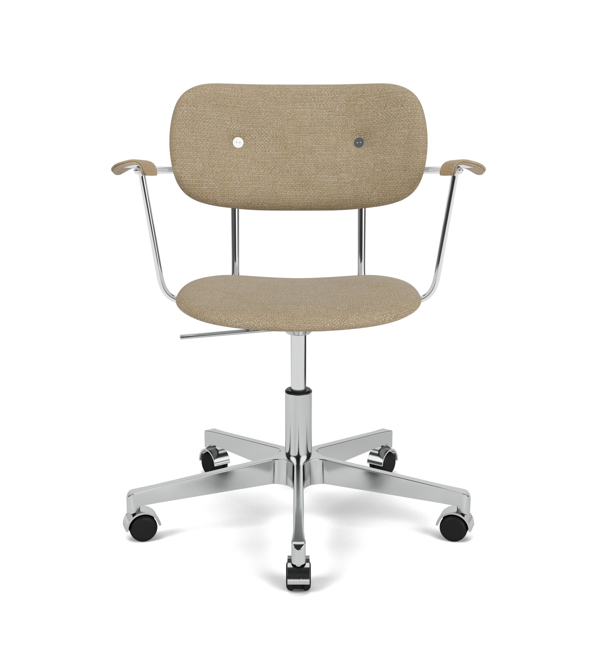 Front view of the Co Task Chair, upholstered in light brown fabric, with an aluminium base, chrome armrests and casters.