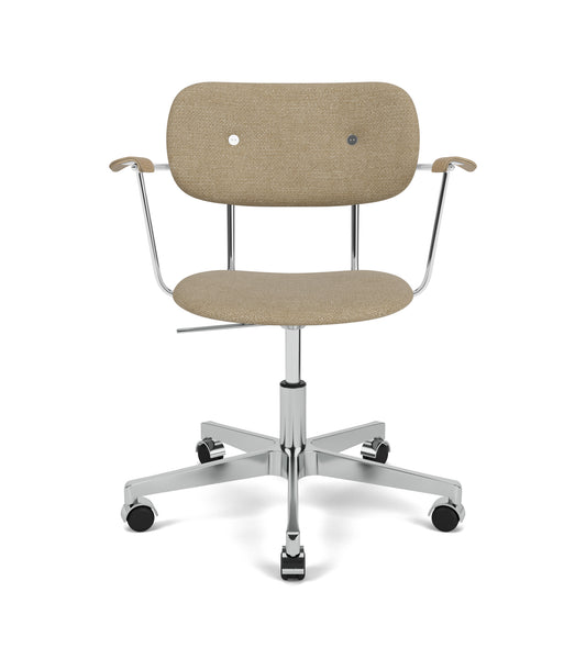 Front view of the Co Task Chair, upholstered in light brown fabric, with an aluminium base, chrome armrests and casters.