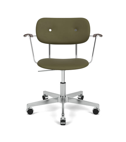 Front view of the olive green upholstered Co Task Chair with armrests and a five-star polished aluminium base with casters.