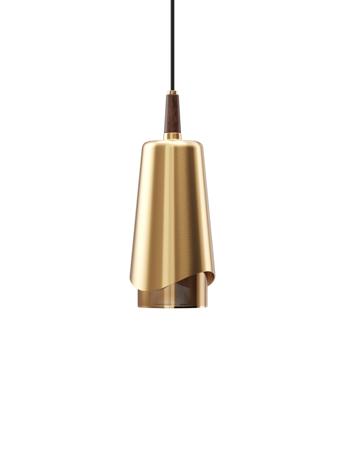 Umanoff Pendant in brushed brass and solid walnut wood, suspended against a plain black background.