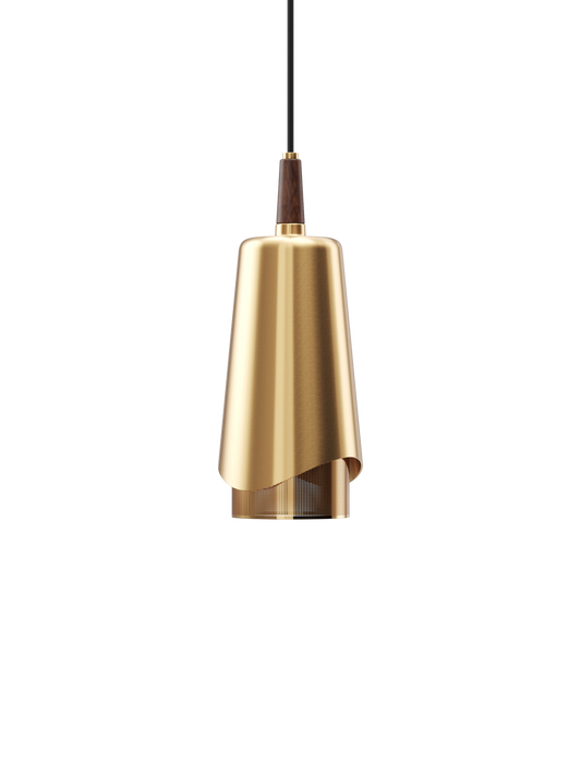 Umanoff Pendant in brushed brass and solid walnut wood, suspended against a plain black background.