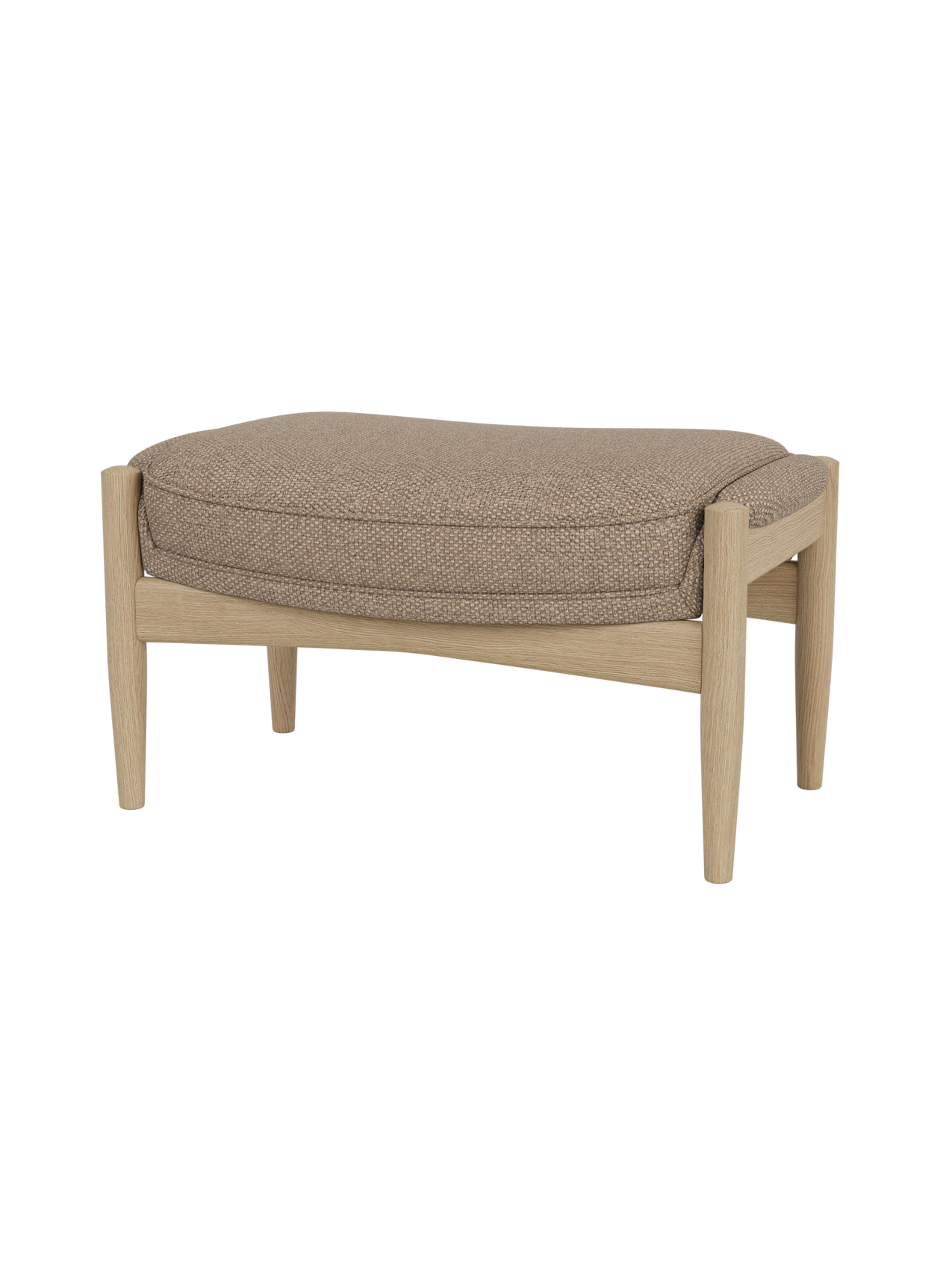 The Seal Ottoman featuring a natural oak frame and textured Logan Flint upholstery in a mid-century modern style.