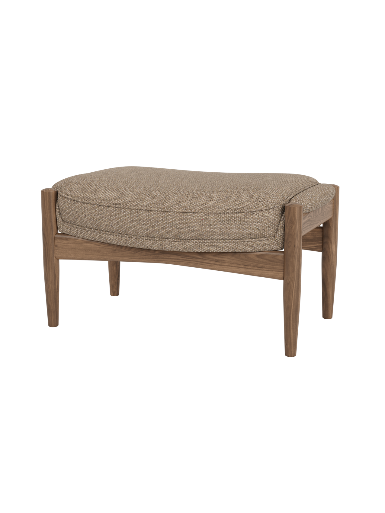 The Seal Ottoman in walnut wood with Logan Flint fabric upholstery, featuring an organic mid-century design.
