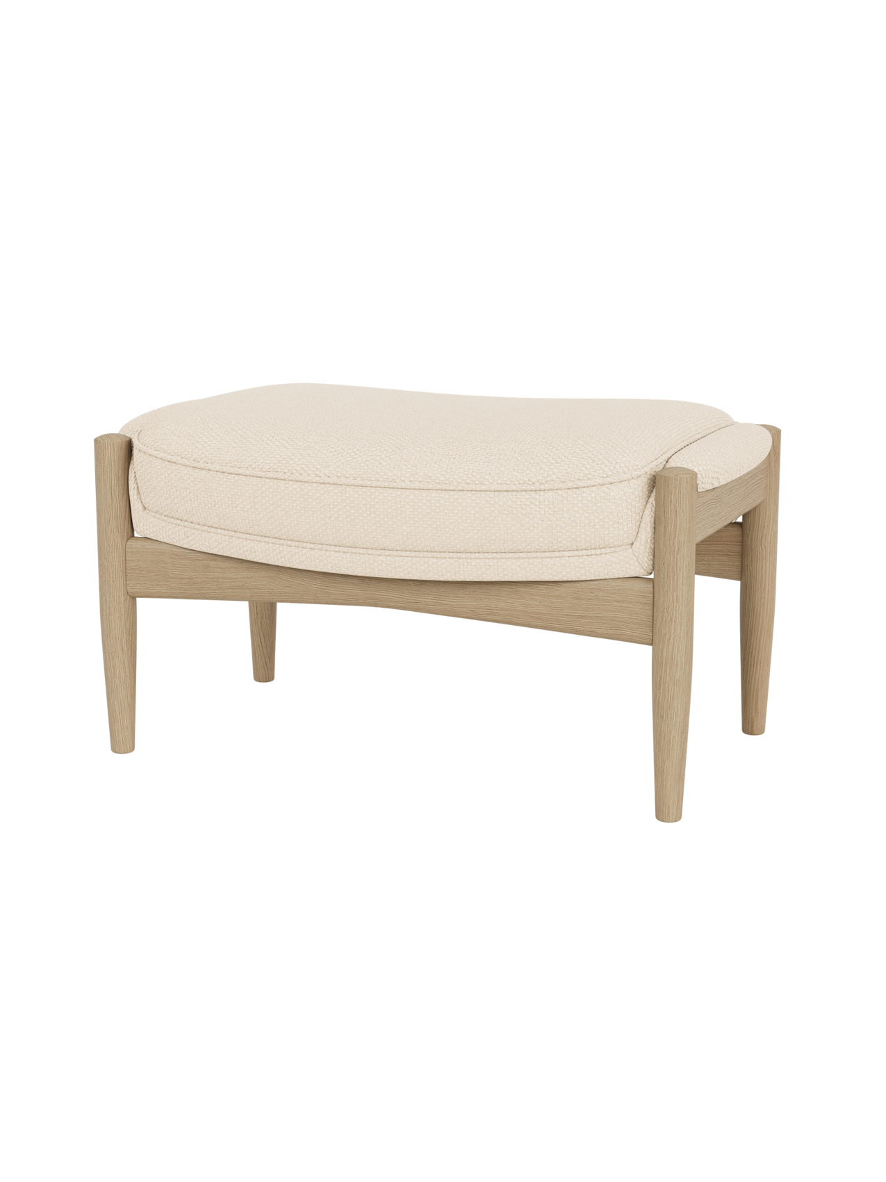 The Seal Ottoman in Natural Oak with Logan Jasmine fabric upholstery, featuring organic mid-century modern curves.
