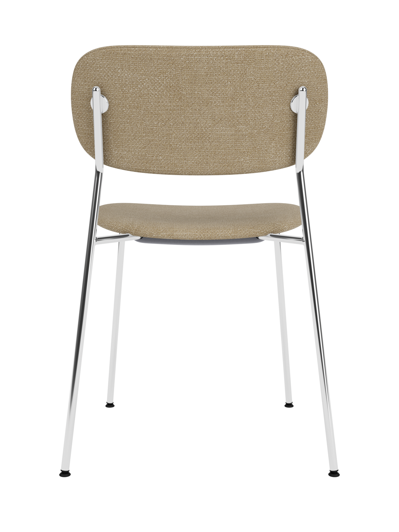 Rear view of the fully upholstered Co Dining Chair in beige Audo Bouclé 02 with a polished chrome frame.