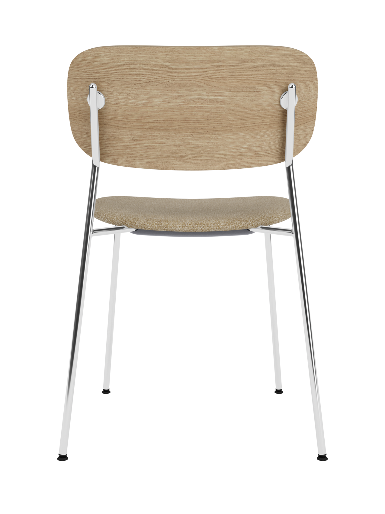 Co Dining Chair with a natural oak backrest, chrome frame and beige bouclé upholstered seat, seen from the rear.