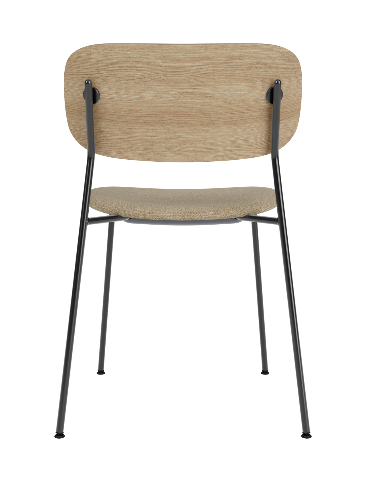 Co Dining Chair with a natural oak backrest, beige bouclé upholstered seat and black steel frame, viewed from behind.