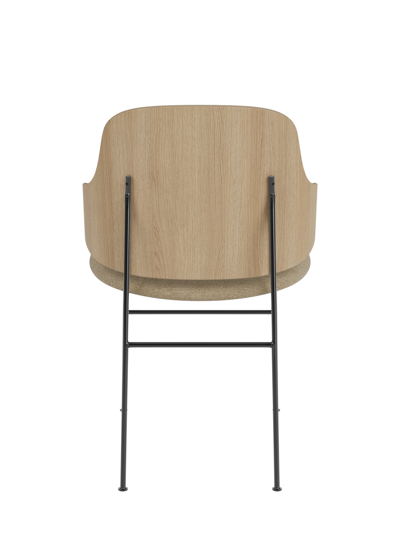 The Penguin Dining Chair in natural oak with a textured bouclé seat and slim black steel frame, seen from the back.