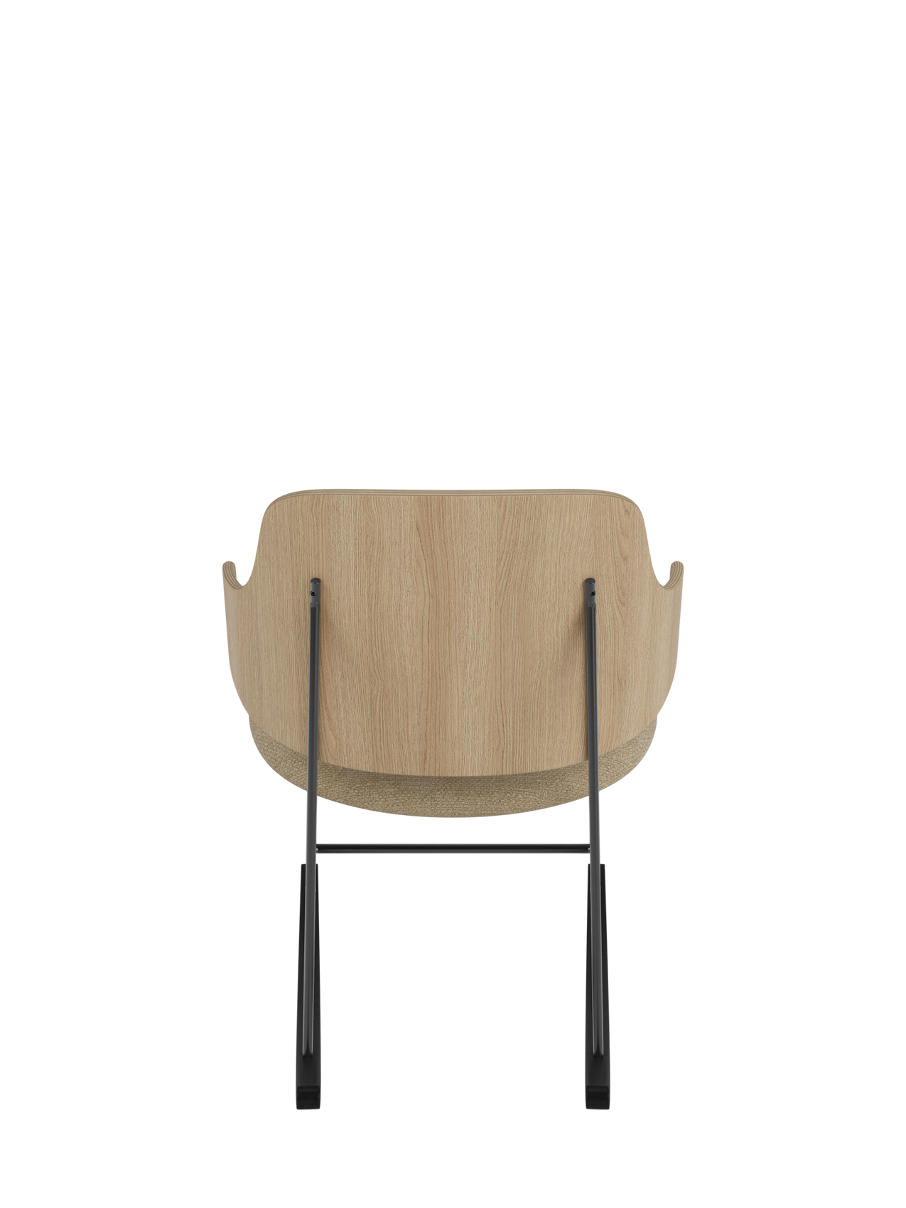 Rear view of The Penguin Rocking Chair featuring its curved natural oak back, beige bouclé seat and black steel frame.