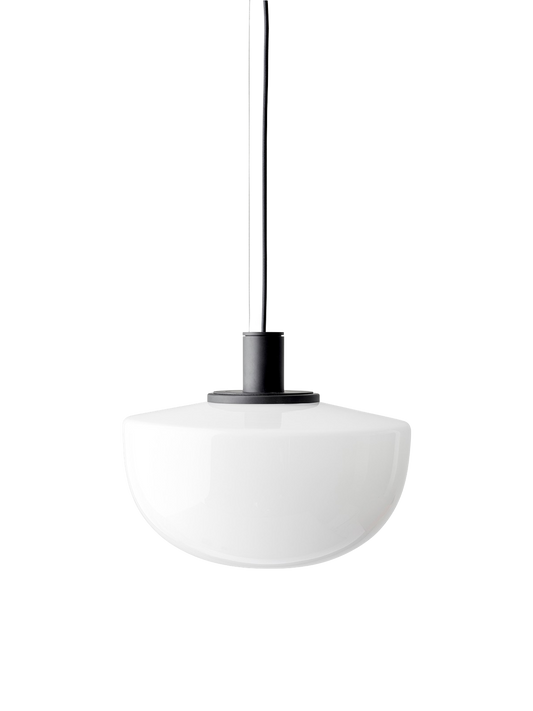 The Bank Pendant with a white, semicircular opal glass shade and black fittings, hanging against a solid black background.