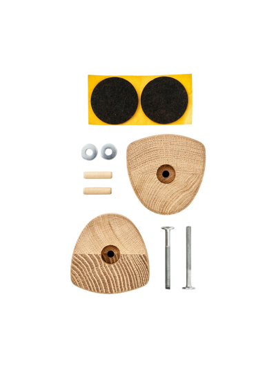 Installation hardware for the Knitted Hanging Shelf: two oak mounts, screws, washers, dowels, and two circular felt pads.