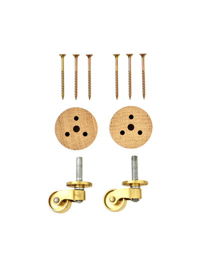 Spare parts for Tired Man Front Legs: two brass caster wheels, two natural oak mounting discs, and four matching screws.