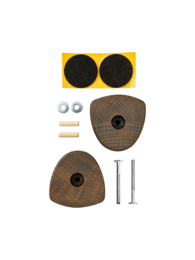 Two dark oak triangular wall hooks with mounting bolts, wooden dowels, metal washers and two black adhesive felt pads on