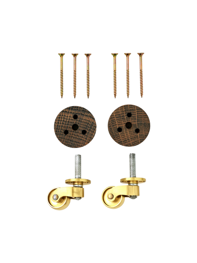 Two brass caster wheels with threaded steel stems, two round dark oak mounting discs with four holes, and six gold screws.