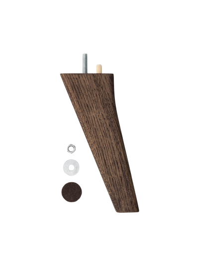 A single, tapered furniture leg in dark wood, shown with assembly hardware including a screw, dowel, washers, and felt pad.