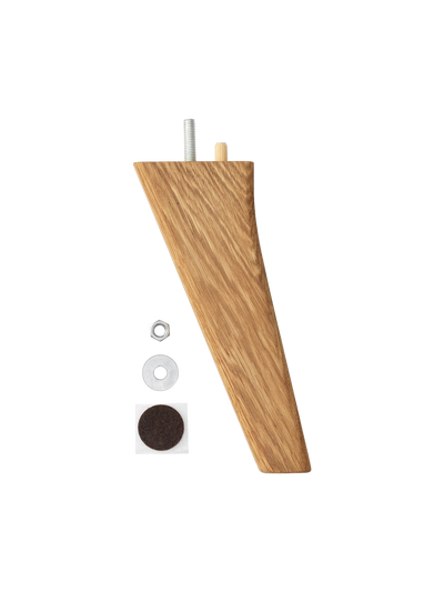 An oak leg for the Audo Eave Dining Sofa with its integrated screw and dowel, plus a separate nut, washer, and felt pad.