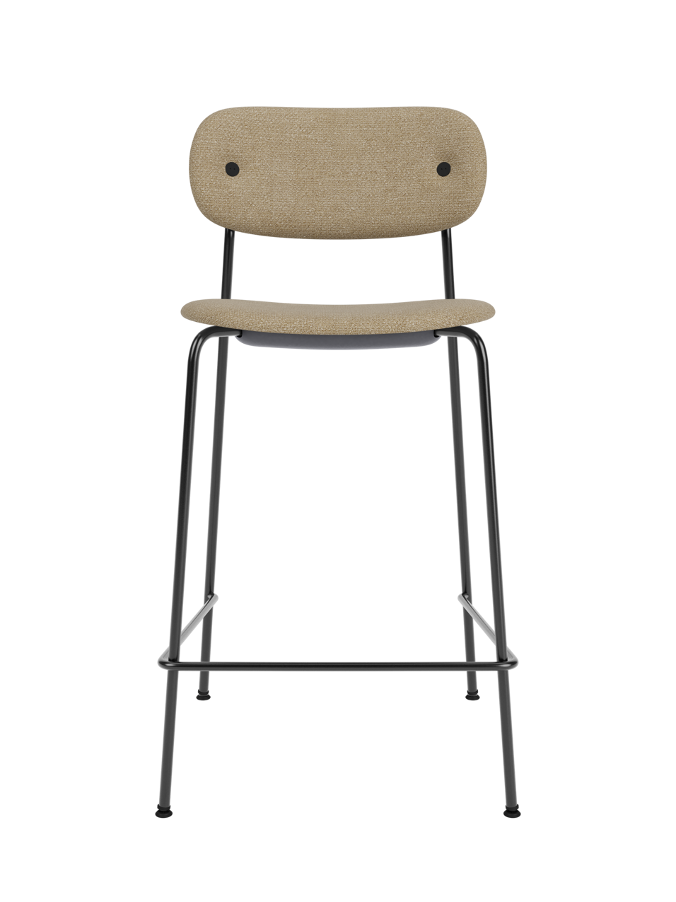 Co Counter Chair in Audo Bouclé 02 upholstery with a black steel frame, viewed from the front against a black background.