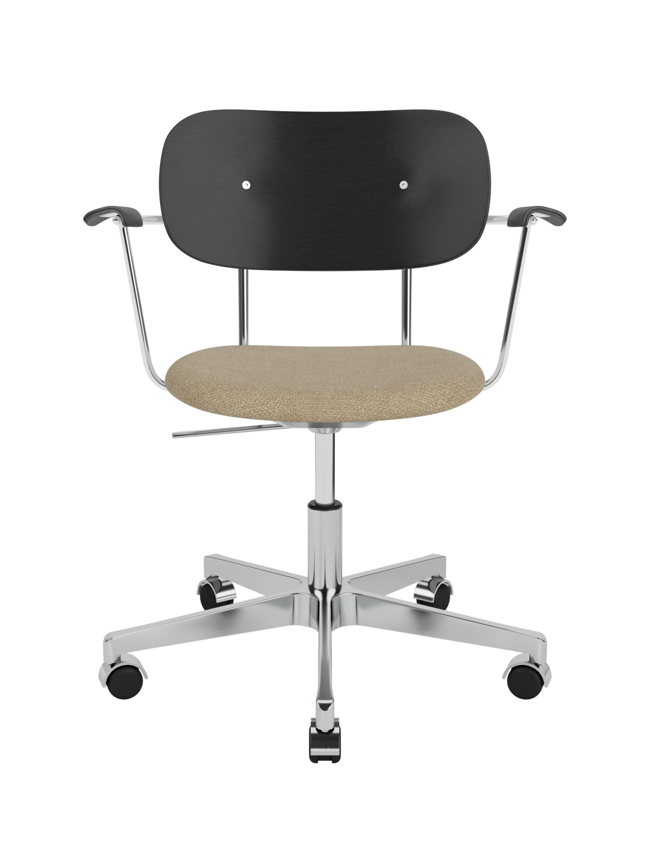 Co Task Chair featuring a black oak back, beige boucle upholstered seat and a polished chrome swivel base with castors.