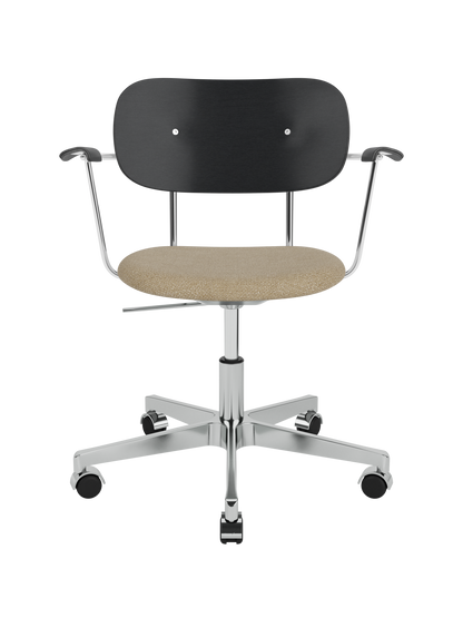 Co Task Chair featuring a black oak back, beige boucle upholstered seat and a polished chrome swivel base with castors.