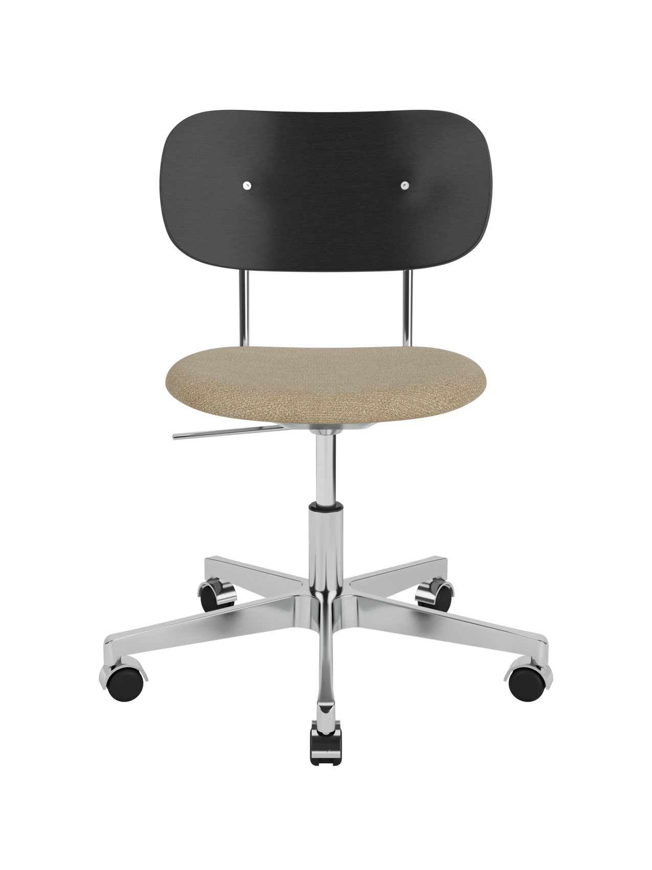 Co Task Chair with a beige bouclé seat, black painted oak backrest and polished aluminium swivel base.