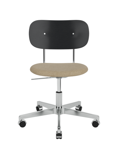 Co Task Chair with a beige bouclé seat, black painted oak backrest and polished aluminium swivel base.
