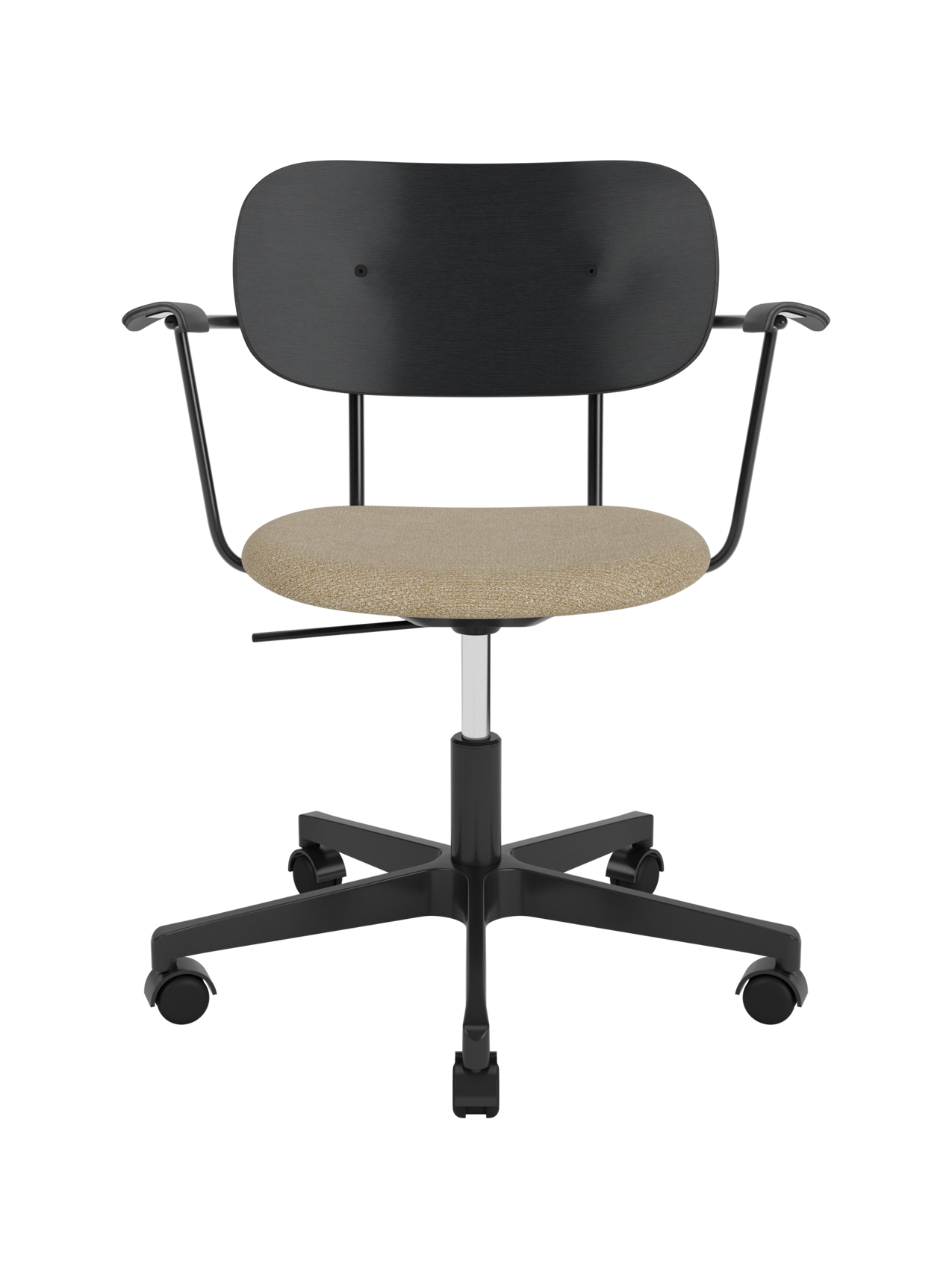 Co Task Chair with black oak backrest, beige bouclé upholstered seat and black swivel base with castors.