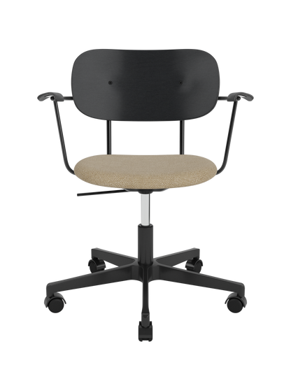 Co Task Chair with black oak backrest, beige bouclé upholstered seat and black swivel base with castors.