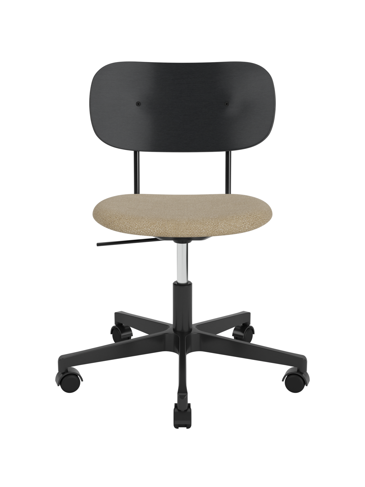 Co Task Chair featuring a beige bouclé seat, black painted oak backrest and black swivel base on castors.