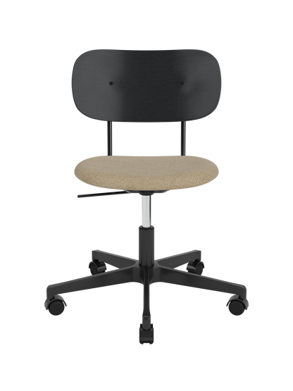 Co Task Chair featuring a beige bouclé seat, black painted oak backrest and black swivel base on castors.