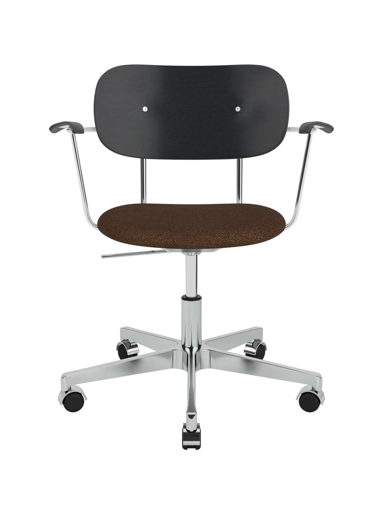 Co Task Chair with black oak backrest, armrests, brown bouclé seat and a polished chrome aluminium swivel base.