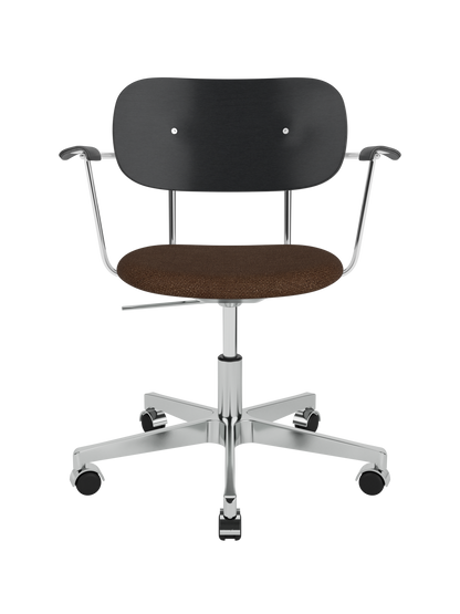 Co Task Chair with black oak backrest, armrests, brown bouclé seat and a polished chrome aluminium swivel base.