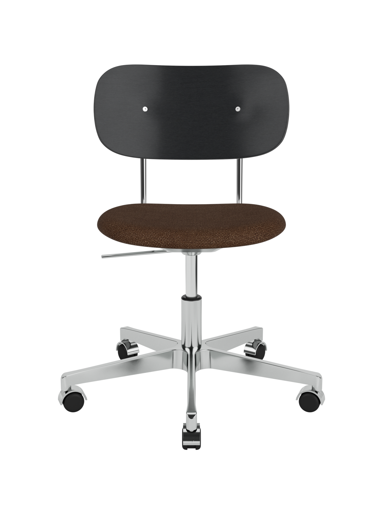 Co Task Chair with a brown Audo Bouclé seat, black oak backrest and a polished aluminium swivel base with castors.