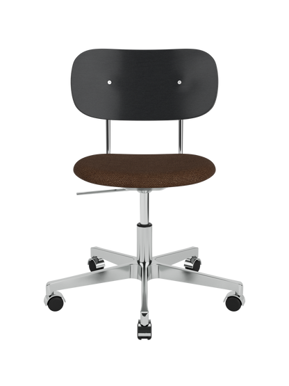 Co Task Chair with a brown Audo Bouclé seat, black oak backrest and a polished aluminium swivel base with castors.