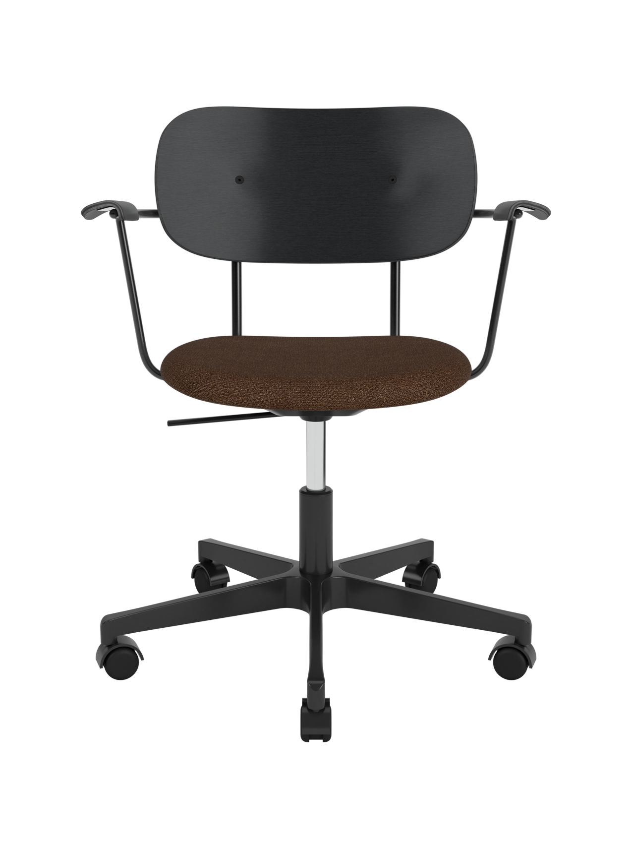 Co Task Chair with black painted oak back, brown Audo Bouclé seat and a black five-star swivel base with armrests.