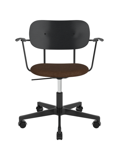 Co Task Chair with black painted oak back, brown Audo Bouclé seat and a black five-star swivel base with armrests.
